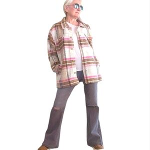 Joie Plaid Button Lightweight Lodge Shacket Jacket sz M pink cream brown